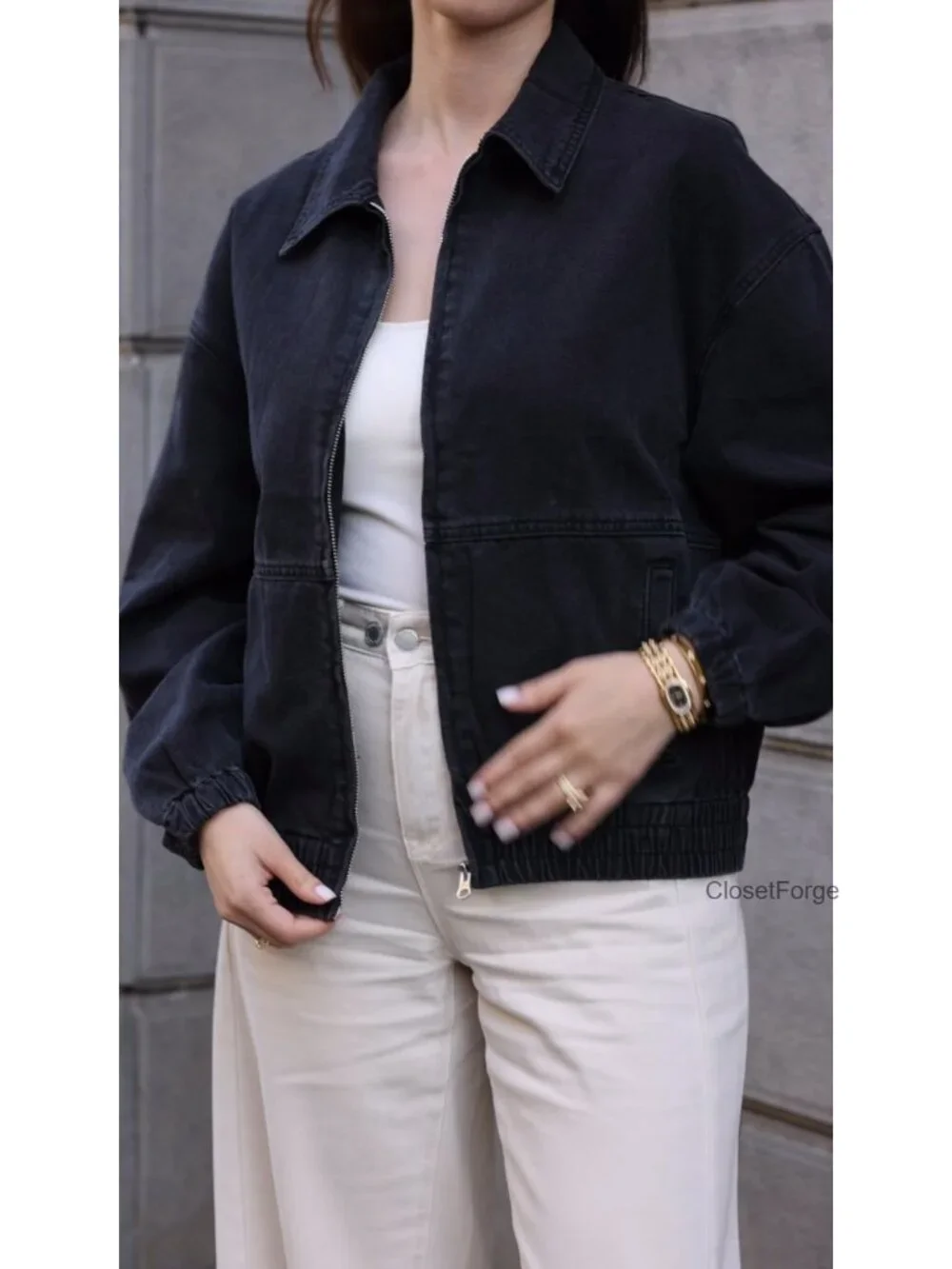 Oversized Denim Jacket Zip Up Long Sleeve Loose Fit Bomber Style